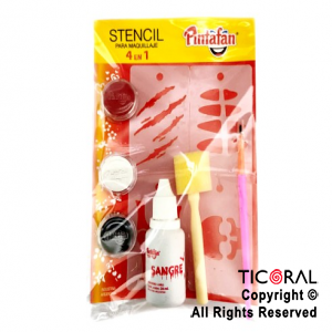 SET MAQUILLAJE HALLOWEEN (3 maquillaje+ 1 sangre + 1set stencil huesos+ 1 pincel + 1 taponador)